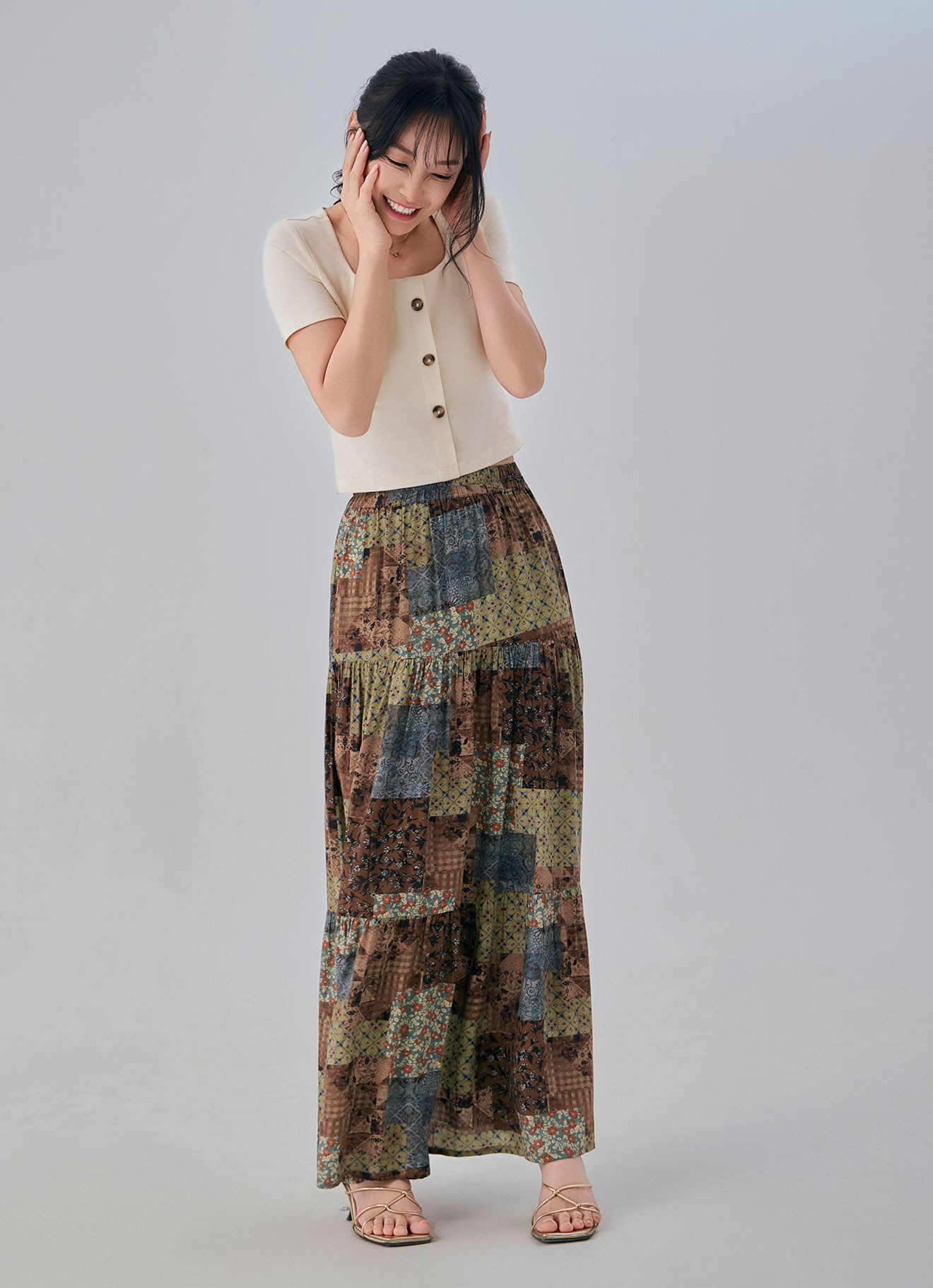 Balsam-Green  by Elastic-Waist Maxi Skirt