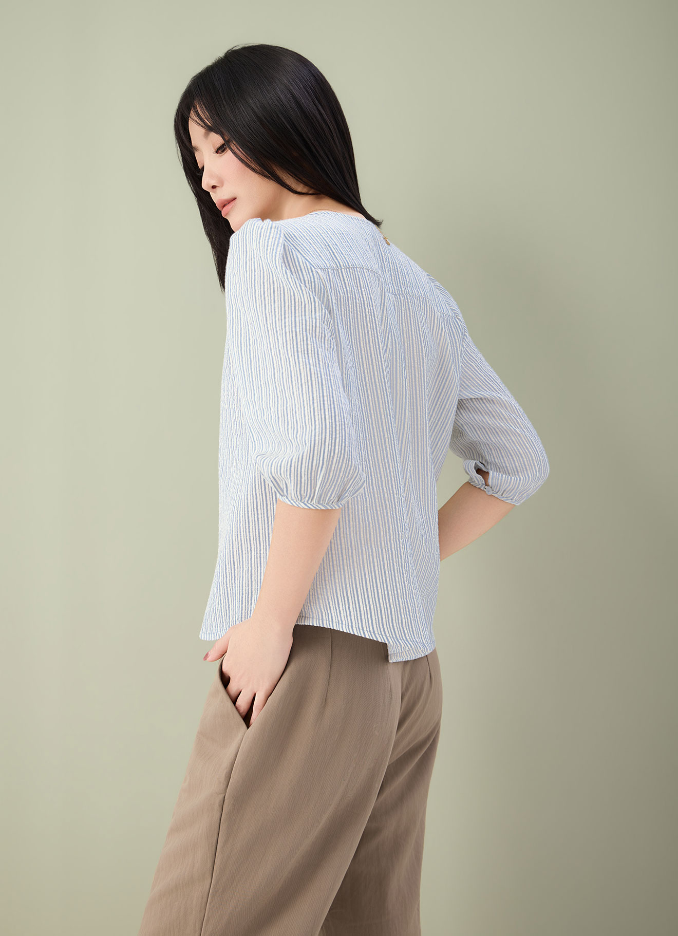 Cashmere-Blue  by Puff Sleeve Blouse