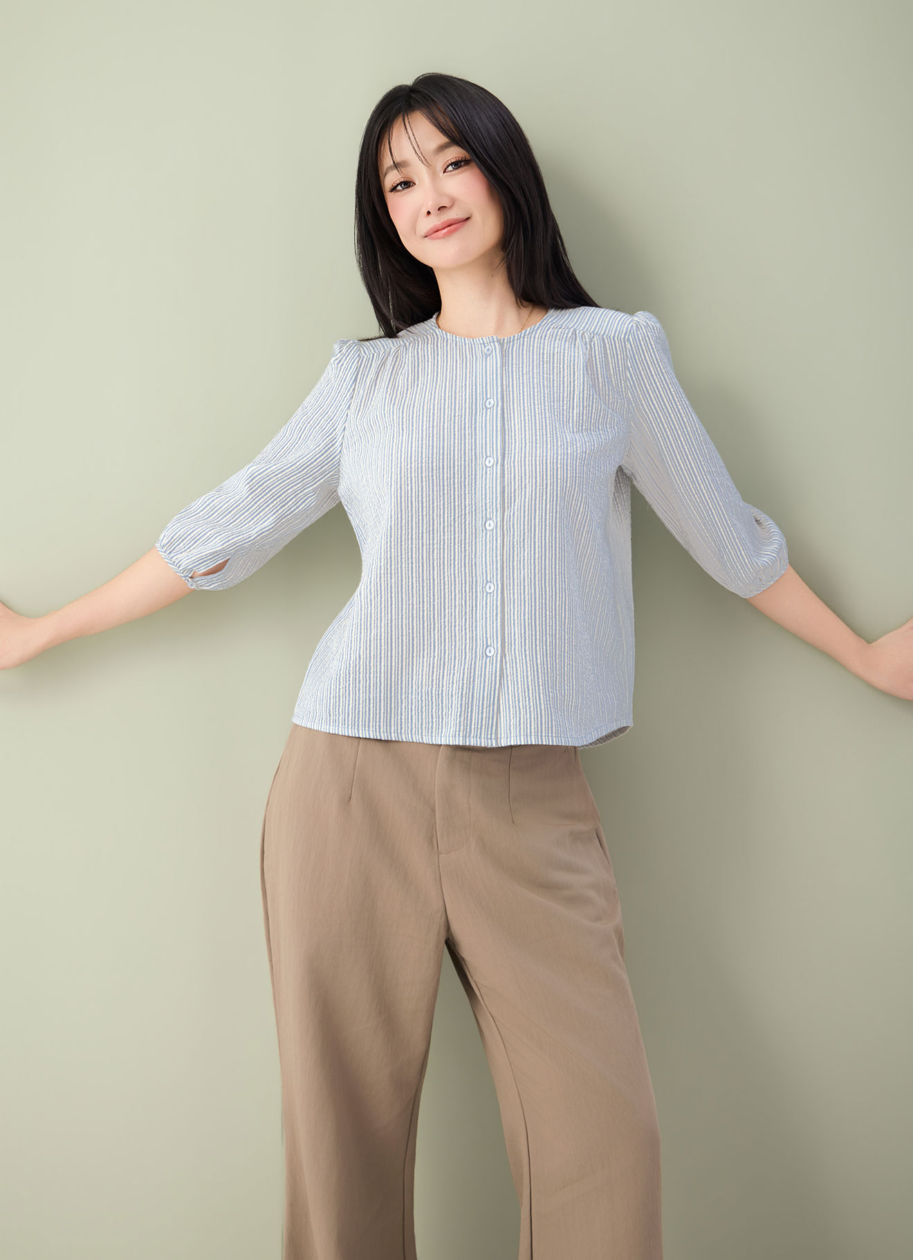 Cashmere-Blue  by Puff Sleeve Blouse