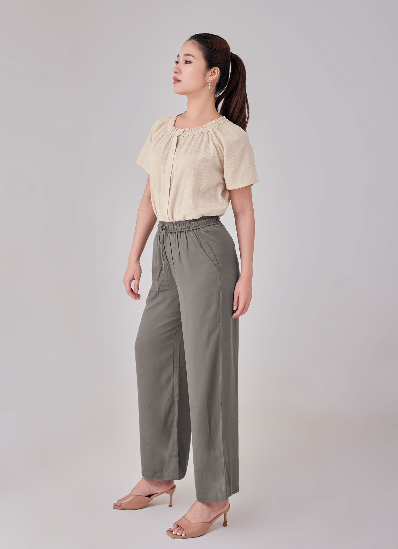 Covert-Green  by Elastic Waist Wide-Leg Pant