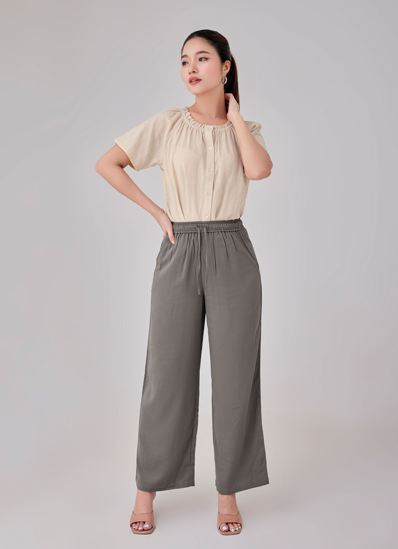 Covert-Green  by Elastic Waist Wide-Leg Pant