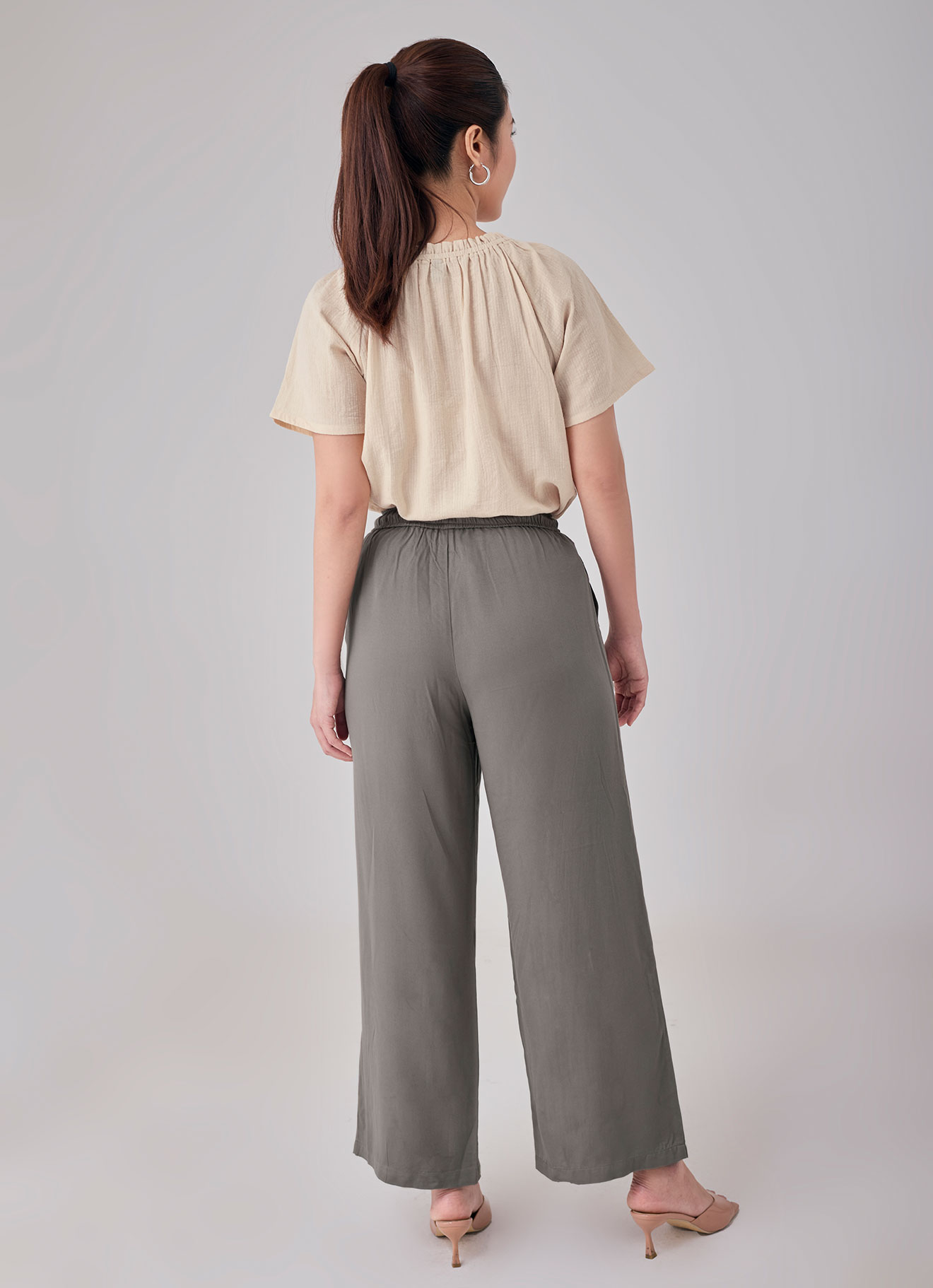 Covert-Green  by Elastic Waist Wide-Leg Pant