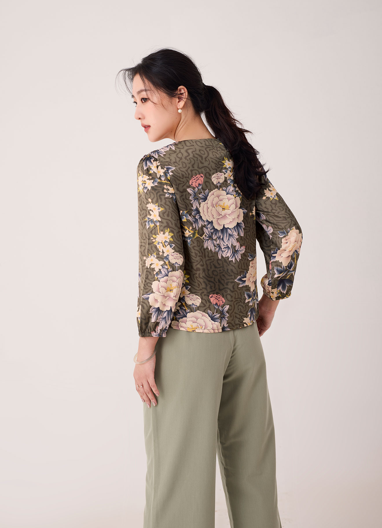 Covert-Green by Floral Printed Blouse