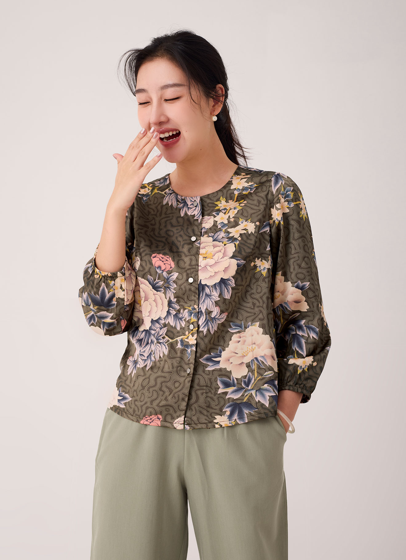 Covert-Green by Floral Printed Blouse