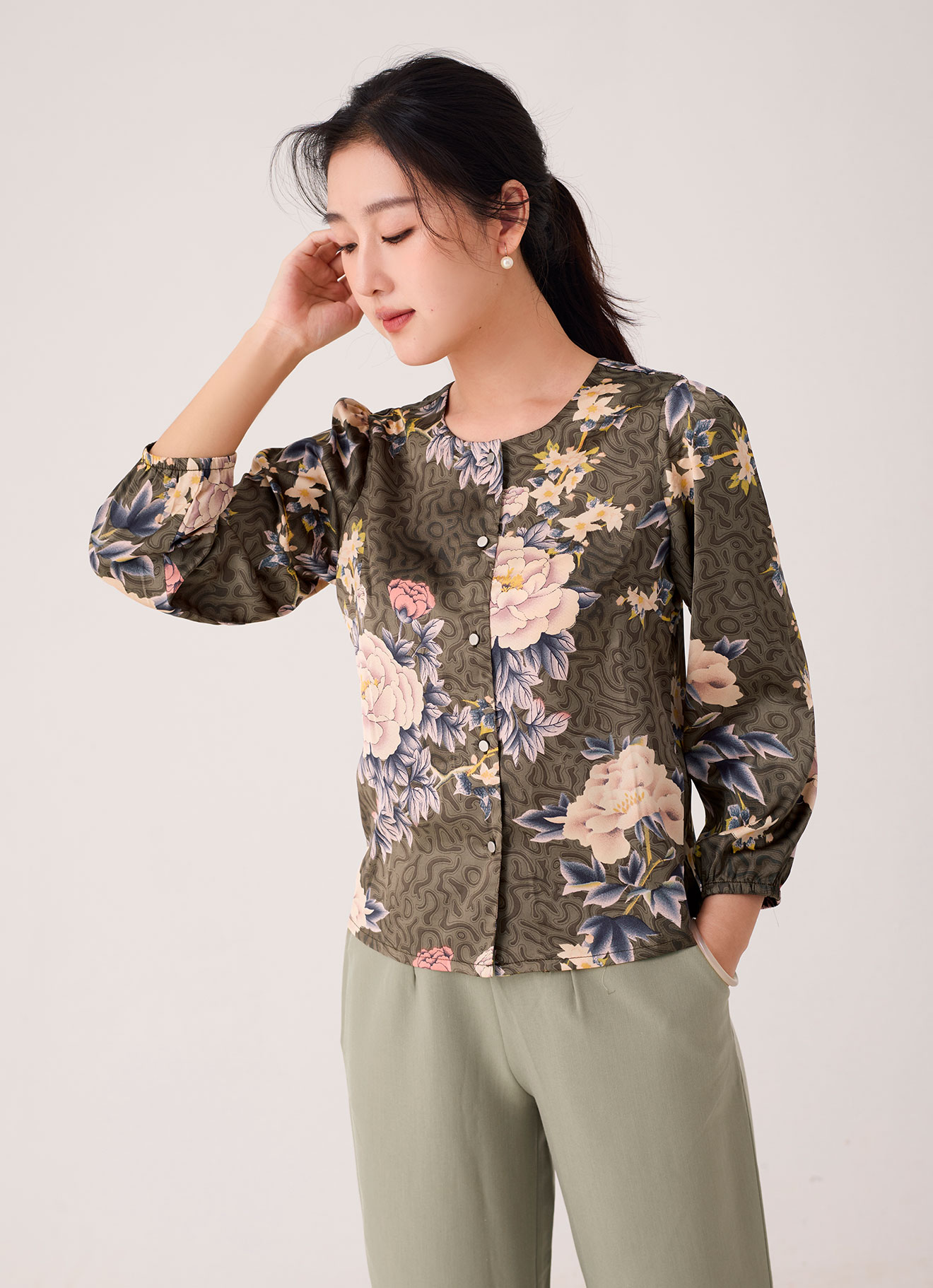 Covert-Green by Floral Printed Blouse
