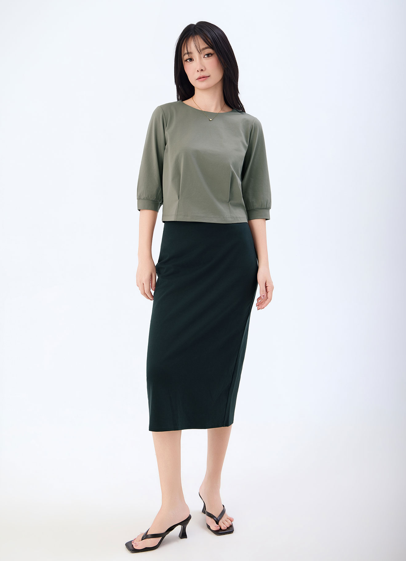 Dusky-Green by Round-Neck Blouse
