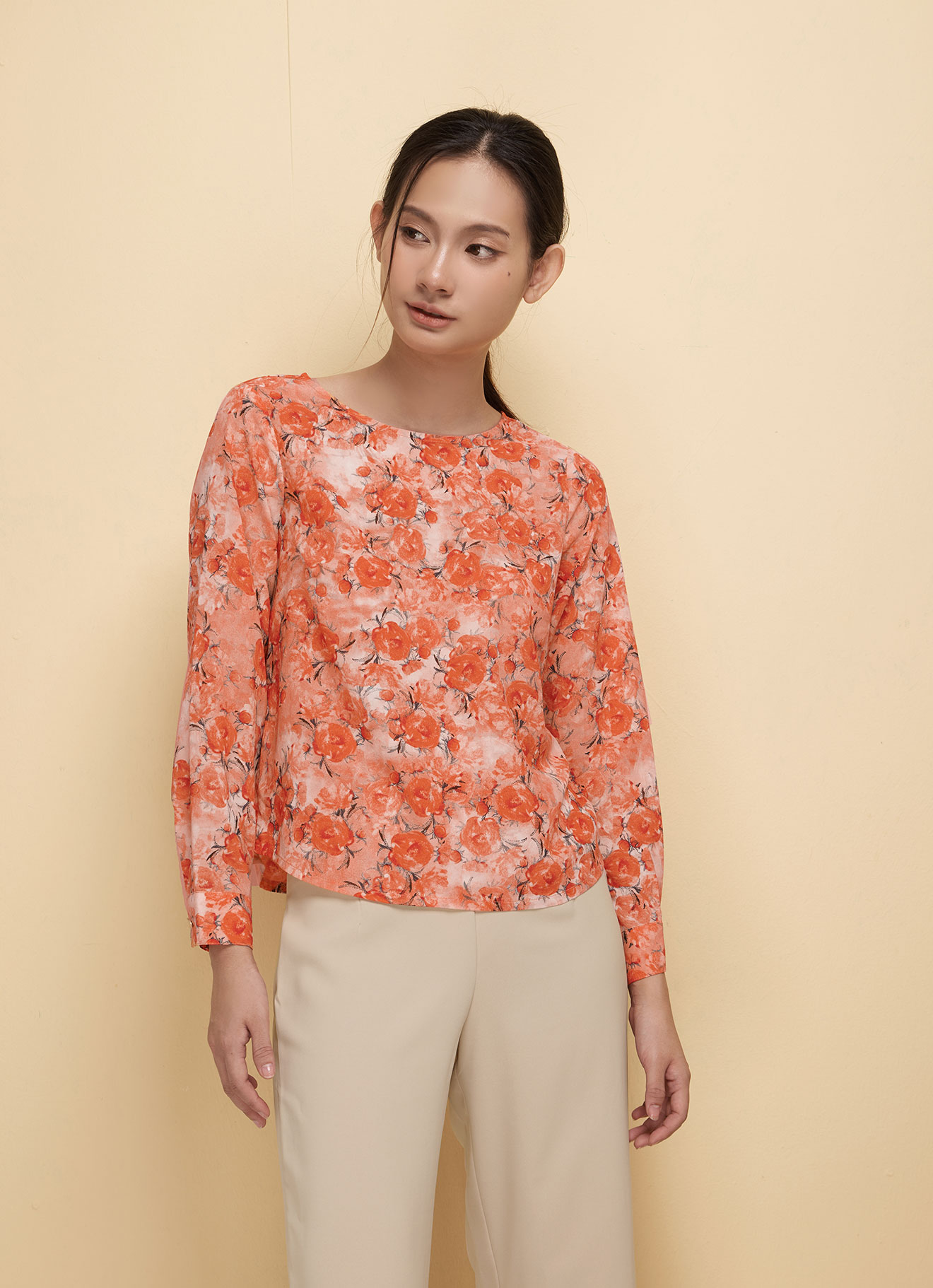 Mandarin-Red  by Floral Printed Blouse