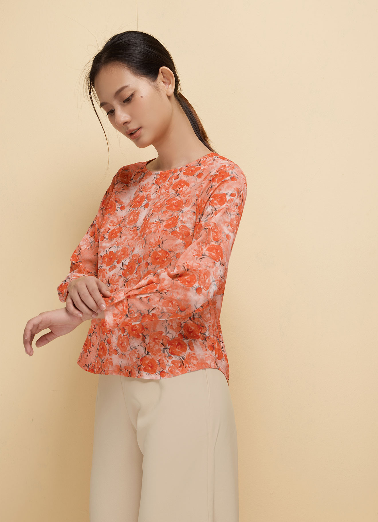 Mandarin-Red  by Floral Printed Blouse