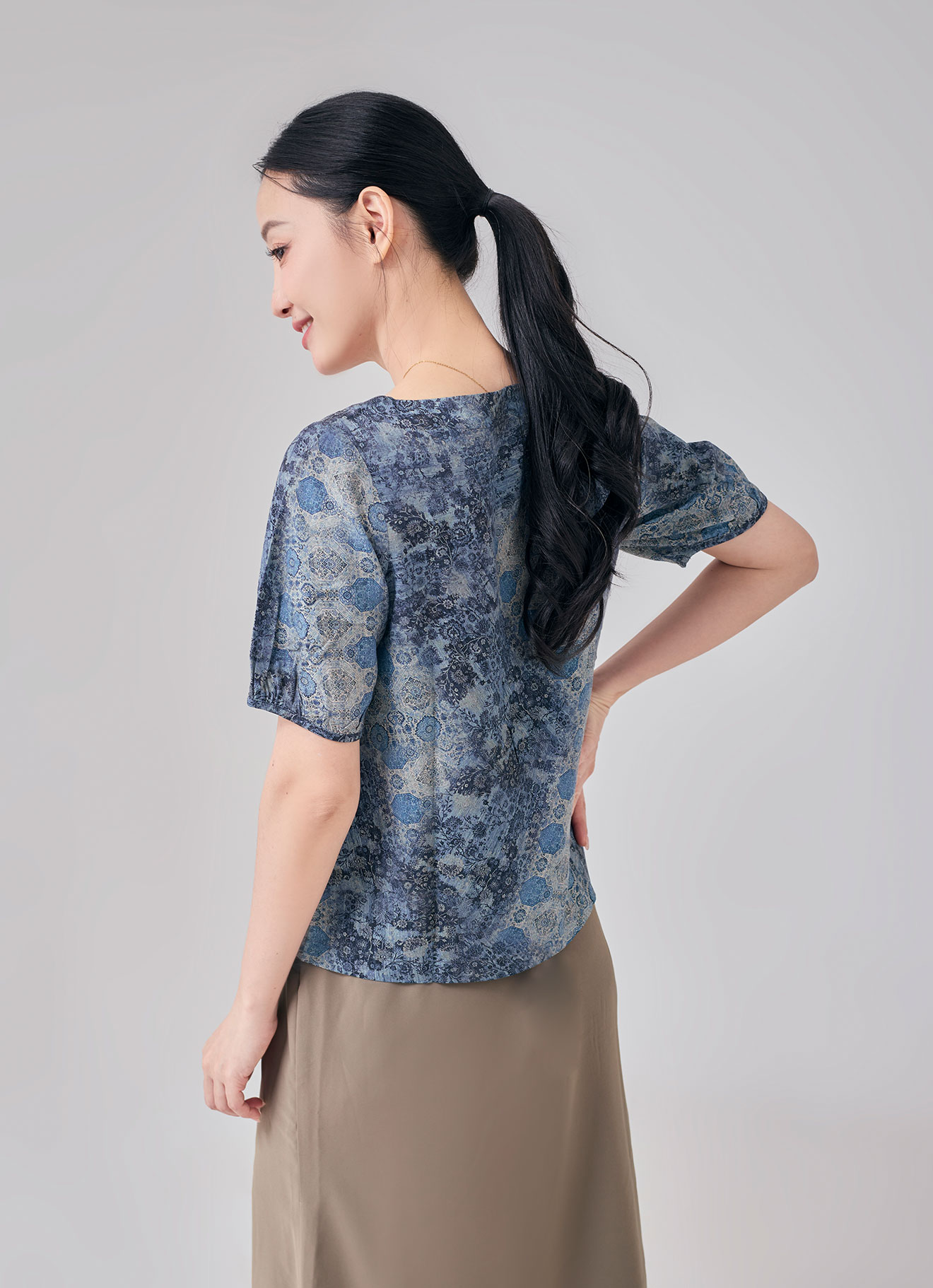 Provincial-Blue by Round-Neck Blouse