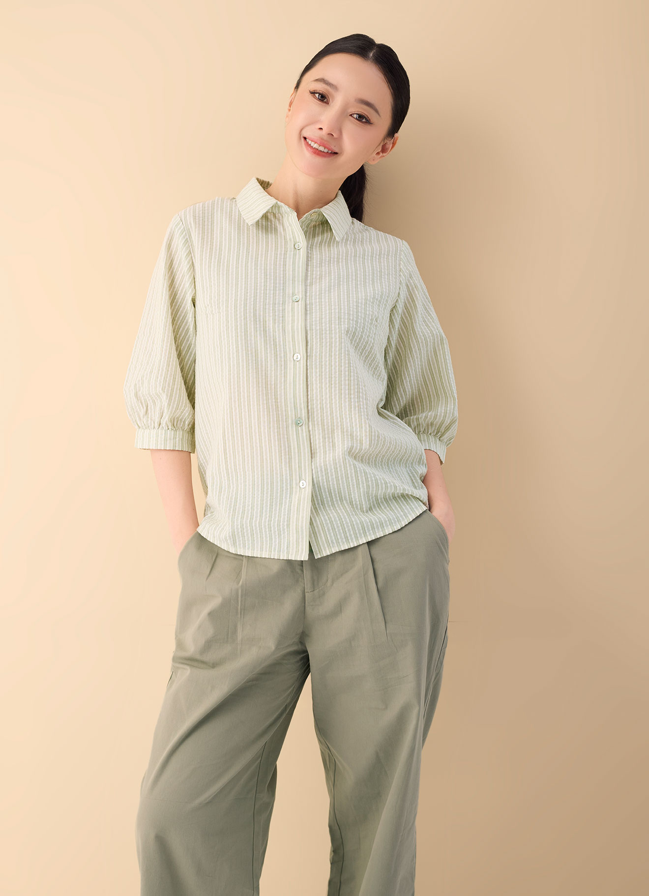 Quiet-Green by Shirt Collor Top