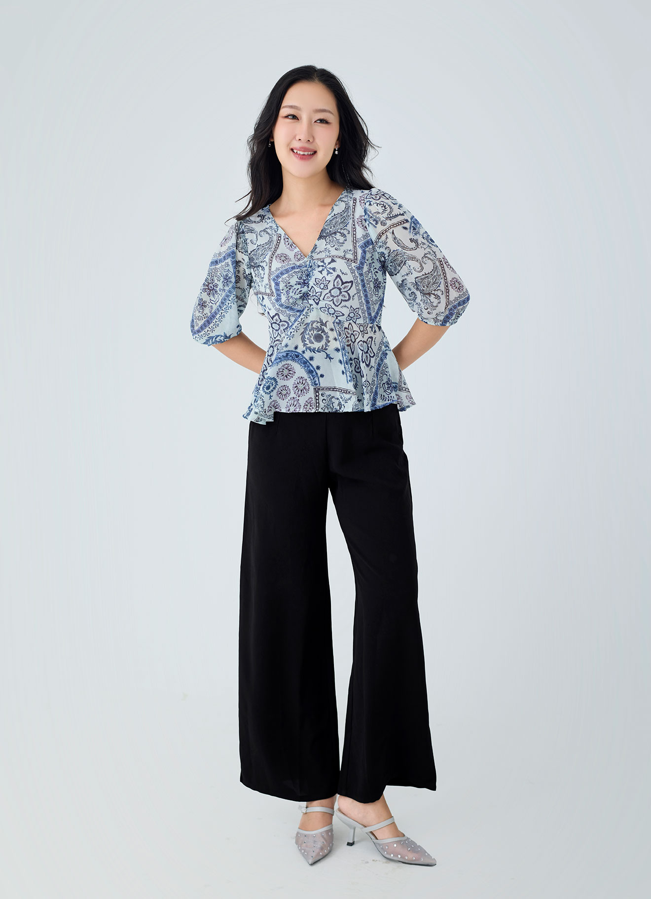 Sky-Gray by V-Neck Top