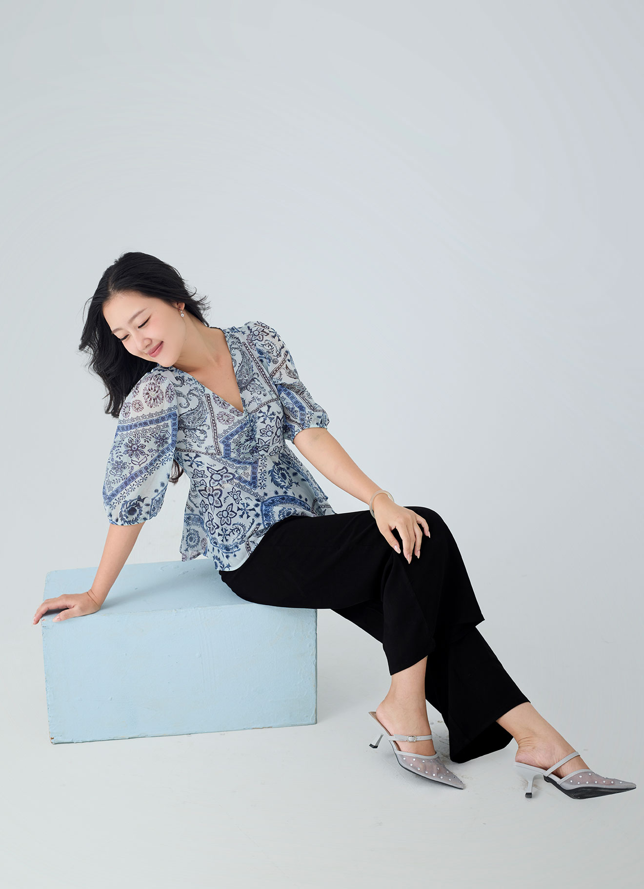 Sky-Gray by V-Neck Top