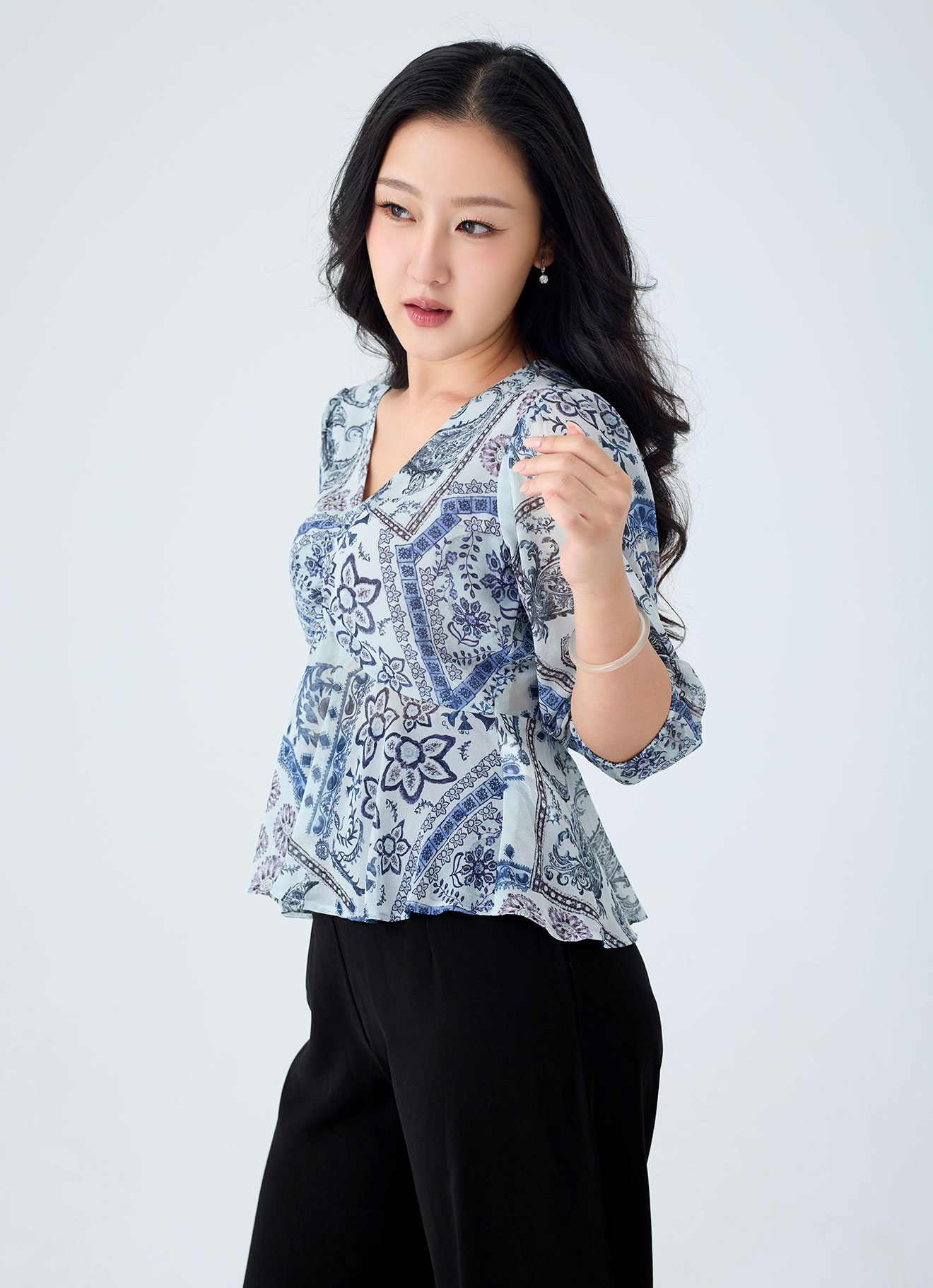 Sky-Gray by V-Neck Top