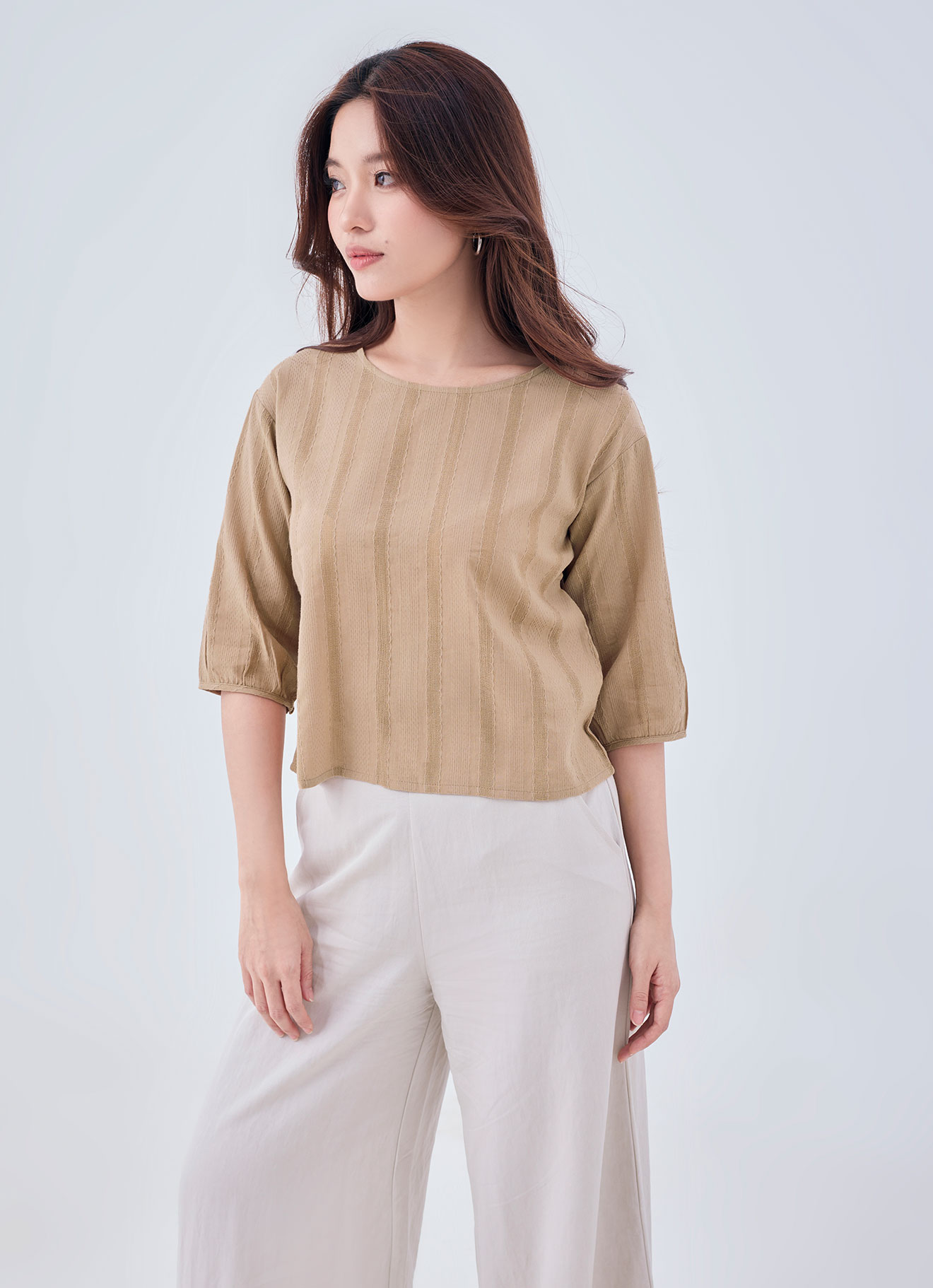 Tan by Round-Neck Blouse