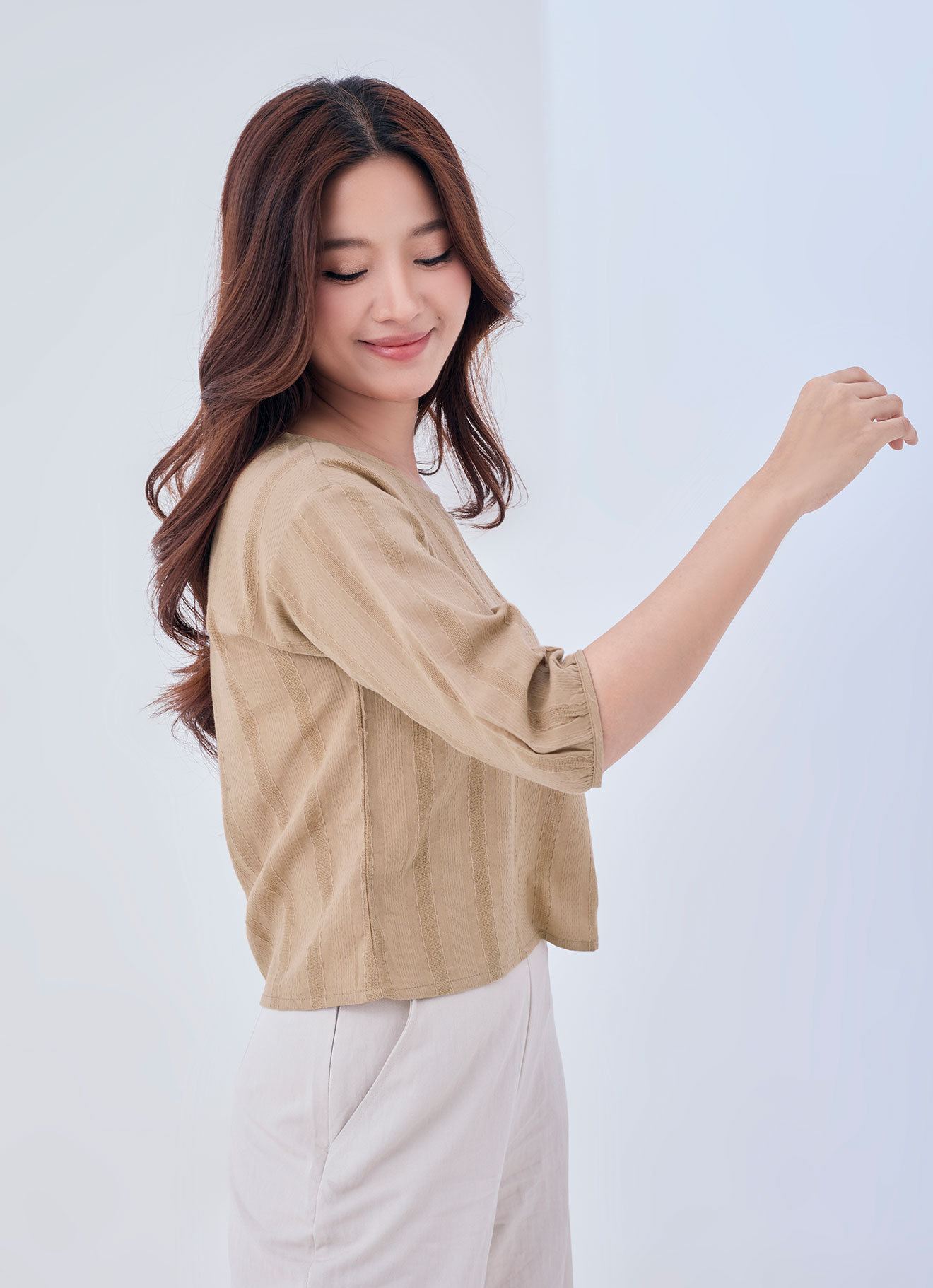 Tan by Round-Neck Blouse