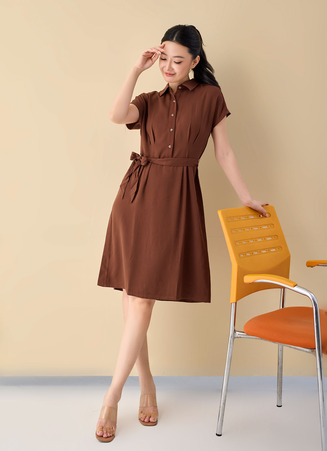 Tortoise-Shell by Shirt Collar Dress with Belt